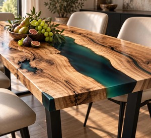 Table à manger de luxe en bois de noyer à bords naturels et résine époxy vert émeraude |   Meubles rustiques modernes faits à la main - Product Image 5