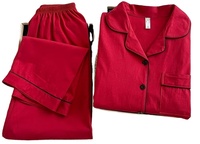 Ensemble de pyjama rouge en jersey à manches longues pour femme, col rabattu classique, longueur intégrale, vêtements de nuit doux, tenue d'été certifiée GOTS