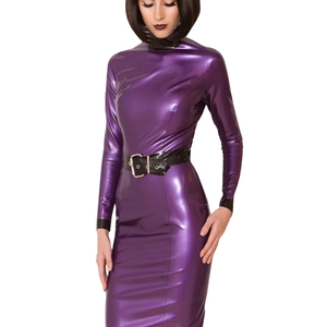Vestido ajustado morado de PU con cuello alto, manga larga, hasta la rodilla, con cinturón, para fiesta, color liso - Product Image 5