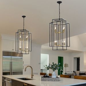 Lampadario a sospensione geometrico moderno da 18 pollici a 8 luci, nero e oro, con struttura in metallo industriale, regolabile, per soggiorno - Product Image 2