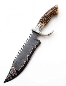 Cuchillo utilitario pesado de acero de Damasco forjado a mano Iron Crown Forge con mango de asta de ciervo, doble guardacuchillo de acero inoxidable y funda de cuero OEM - Product Image 5