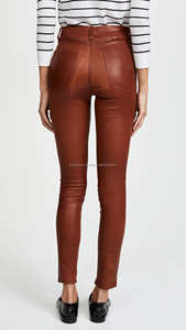 Pantalon slim plat respirant en similicuir marron à la mode taille haute coupe ajustée conception extensible longueur cheville Moto Biker pour les femmes - Product Image 2