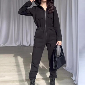 <b>Women</b> Jumpsuits Zipper Hooded One Piece <b>Romper</b> Solid Sporty Pockets Long Sleeve Tight Waist Jumpsuit Splice Overalls Autumn - Product Image 3