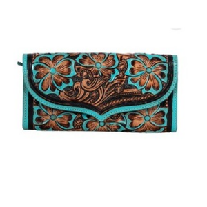 Hand Tooled Floral Leather Western Wallet for Women Turquoise Embossed Cowgirl Clutch Wallet <b>Long</b> Leather Organizer Purse Gift - Product Image 1