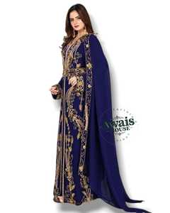 Awais House Women's Navy Blue Beaded Embroidery <b>Chiffon</b> Polyester Floor-Length Modest Dress V-Neck Long Sleeve <b>Jacket</b> Evening - Product Image 1