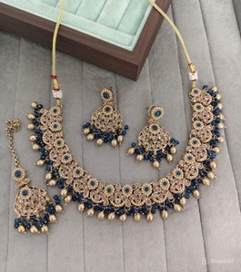 Designer Round Stone Necklace With Matching Earring And Mangtika Antique Gold Plated Traditional Ethnic Wear <b>Jewellery</b> For Women - Product Image 1