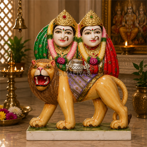 Premium Marble Chamunda Mata Statue | Handcrafted White Marble Chamunda Devi Murti with Lion | MALIYAS Jaipur - Product Image 1