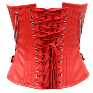 Women's Red PU <b>Leather</b> <b>Corset</b> Casual Style Waterproof V-neck Zipper Closure Strapless Outerwear with Chains and Studs - Product Image 5