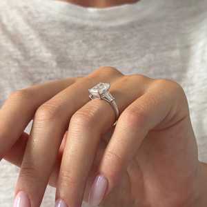 3 Carat <b>Emerald</b> Cut Lab Diamond and Tapered Baguettes Three Stone <b>Ring</b> in White Gold, IGI Certified - Product Image 5
