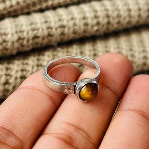Boho Tiger Eye Gemstone Brass <b>Ring</b> with Bezel Setting Silver Plated Solitaire <b>Statement</b> Wholesale <b>Ring</b> for Women - Product Image 2