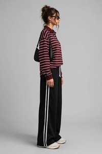 Burgundy <b>White</b> Striped <b>Long</b> <b>Sleeve</b> Polo <b>Shirt</b> Knitted Button Collar Sporty Top - Product Image 3