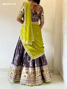 ชุดอินเดียคุณภาพดีเยี่ยม ผ้าไหมชิมเมอร์พร้อมงานปักลายปาธานี ชุดเลเฮนกา เสื้อและผ้าคลุมไหล่ ผู้ส่งออกและจำหน่ายสินค้าอินเดีย - Product Image 3
