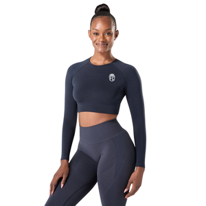 Top Corto Deportivo Elástico de Manga Larga sin Costuras para Mujer, Color Azul Marino Oscuro, para Entrenamiento Físico, Ejercicio y Ropa Deportiva - Product Image 2