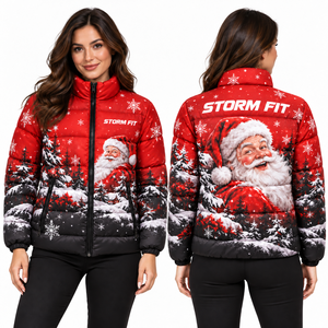 Veste matelassée de Noël rouge pour femme, style Père Noël, en tissu satiné, impression par sublimation, fermeture éclair avant. - Product Image 1
