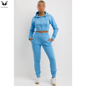 Ensemble de survêtement pour femme, avec veste courte à capuche zippée et pantalon de jogging, couleur bleu ciel, vêtements de sport pour femme, ensemble de survêtement court. - Product Image 2