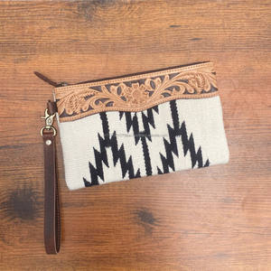 New Stylish Western Aztec Tooled Leather Wristlet <b>Clutch</b> <b>Vintage</b> Brown Tooling Purses Unique Aztec Quilted Leather Wristlet <b>Bag</b> - Product Image 2