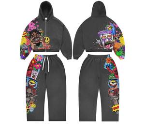 Ensemble de jogging 2 pièces personnalisé avec logo, sweat à capuche et pantalon 100 % coton, imprimé délavé vintage, sweat à capuche entièrement zippé et pantalon évasé - Product Image 1