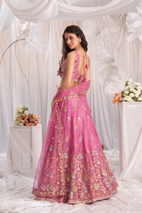 Pink Floral Embroidered Lehenga Choli Set Zari <b>Sequin</b> Organza Georgette Dupatta Wedding Party Dress for Women - Product Image 5