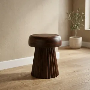 Solid <b>Wooden</b> <b>Bedside</b> End Table Handcrafted Fluted Round Nightstand <b>Lamp</b> Table Dark Brown Accent Furniture for Home Decor - Product Image 2