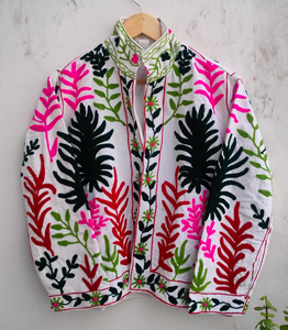 Boho Hand-Embroidered White Cotton Quilted <b>Jacket</b> Artisanal Floral Suzani Winter Wear <b>Blazer</b> Cardigan Vibrant Indian Ethnic Coat - Product Image 1