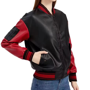 <b>Women's</b> Black & Red Real Leather Varsity Bomber <b>Jacket</b> | Casual Zip-Up Baseball <b>Jacket</b> | OEM ODM Custom Wholesale - Product Image 6