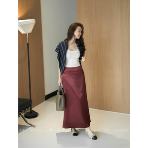 CV689 Premium Burgundy Korean <b>Silk</b> Mermaid <b>Skirt</b> Double Layered Wholesale - Product Image 3