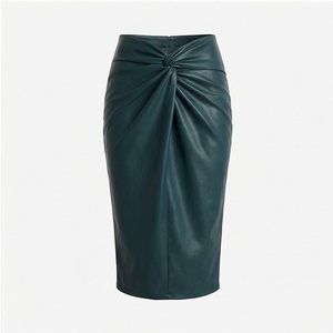 Jupe crayon en cuir PU taille haute pour femme, longueur genou, froncée, couleur unie, style élégant, toutes saisons - Product Image 1