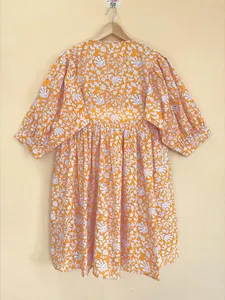 Robe midi en coton à imprimé floral orange bohème pour femmes, col noué, manches bouffantes courtes, robe d'été décontractée - Product Image 3