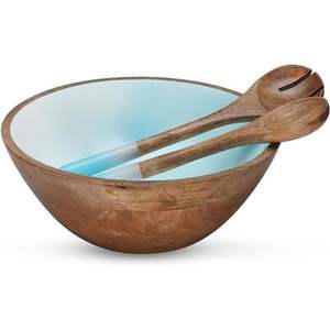 Bol à salade en bois de manguier avec incrustation en émail de qualité supérieure |   Ensemble de bols à fruits en bois écologiques |   Décoration de maison de luxe et vaisselle de service pour la cuisine - Product Image 1