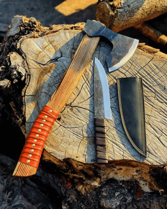 High Quality Outdoor Camping Axe and Fixed Blade Knife <b>Set</b> with Wooden Handles Orange and Brown Grip Husband anniversary <b>gift</b> - Product Image 1