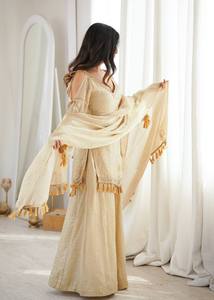 Beige Embroidered Ethnic <b>Shawl</b> Tassel Border Silk Scarf Wrap for <b>Wedding</b> Festival Wear - Product Image 6