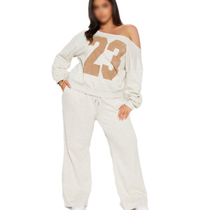 Conjunto deportivo de mujer de moda para otoño/invierno, top con hombros caídos, pantalón deportivo oversize, estampado con el número 23 y diseño liso, 100% algodón. - Product Image 4