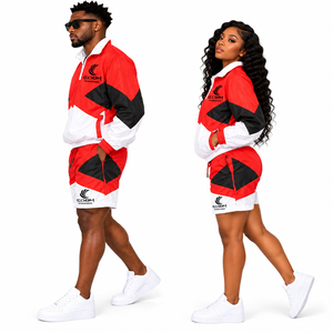 Conjunto Deportivo Unisex, Chaqueta con Cierre de Cremallera y Pantalones Cortos, Diseño Color Block Rojo, Blanco y Negro, Secado Rápido, Ropa Deportiva para Primavera - Product Image 4