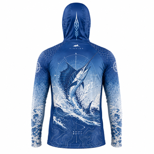 เสื้อตกปลาแขนยาวมีฮู้ดสีน้ำเงินสำหรับผู้ชาย พิมพ์ลายคลื่นมาร์ลินด้วยเทคนิค Heat-Transfer ป้องกันรังสียูวี UPF 50 แห้งเร็ว ปรับแต่งได้ เหมาะสำหรับกิจกรรมกลางแจ้ง - Product Image 4