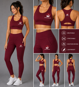 Ensemble de yoga pour femmes, haut court dos nageur bordeaux et leggings taille haute longueur intégrale, ensemble 2 pièces de sport, couleur unie brodée - Product Image 4
