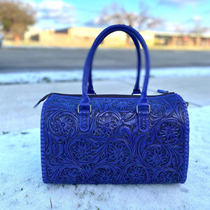 Bolso de Viaje Mini Speedy de Cuero Genuino 100% Azul con Diseño Floral Tallado a Mano, Novedad 2026, Lujoso y Deportivo - Product Image 1