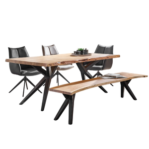 Mesa de Comedor de Madera de Acacia Sólida con Borde Natural, Forma Rectangular, Acabado Natural, Patas Metálicas Plegables, Duradera y Ecológica - Product Image 4