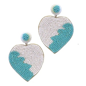 Boucles d'oreilles classiques en forme de cœur avec perles pour femmes, style bohème, en résine, couleur blanc et turquoise, bijoux de fête et de mariage - Product Image 1