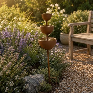 Mangeoire pour oiseaux à fixation au sol, décoration de jardin extérieure, résistante aux intempéries, fixation sur piquet, finition naturelle, bain pour oiseaux - Product Image 2