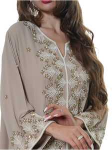 Awais House Women's Beige Embroidered Abaya Long Sleeve Floor Length High Neck Plus Size Lightweight Modest Dress Daily Wear - Product Image 3