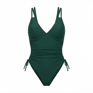 Traje de baño de una pieza con cuello en V profundo para mujer, con lazo lateral y tirantes halter, traje de baño elástico verde liso - Product Image 1