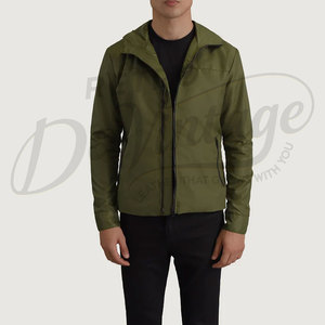 Mens Olive Green Lightweight Windbreaker <b>Jacket</b> with Hood <b>Slim</b> <b>Fit</b> Water Resistant Outdoor Softshell Casual Sporty Coat - Product Image 1