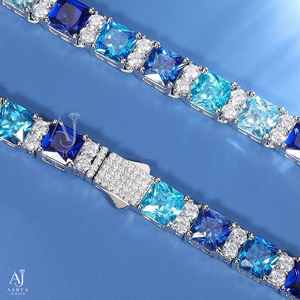 Blue Baguette Moissanite Diamond Tennis Necklace 10K Gold Plated 925 Sterling Silver <b>Rope</b> <b>Chain</b> Hip Hop Jewelry - Product Image 4