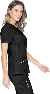 Haut de blouse médicale noir à col en V pour femme, manches courtes, extensible, grande taille, uniforme d'infirmière, marque privée - Product Image 3