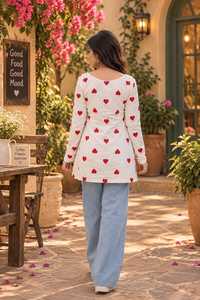 Tunique blanche à manches longues et col en V avec imprimé cœur rouge, style décontracté, vêtement ethnique, kurti court en rayonne pour femmes - Product Image 2