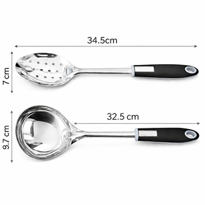 Cuchara Espumadera de Acero Inoxidable (Jhara) Juego de 2 Cucharones para Sopa con Mango Negro Resistente al Calor y Acabado Espejo |   Utensilio de Cocina para Servir - Product Image 2