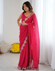 Sari Tradicional de Chifón Rosa para Mujer KV con Adornos y Blusa sin Costuras Reversible Antiarrugas para Fiestas y Eventos - Product Image 4