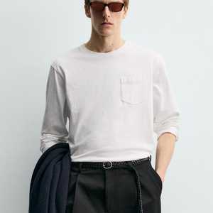 เสื้อยืดแขนยาวทรงหลวมมีกระเป๋าสำหรับผู้ชาย |   เสื้อยืดคอกลมผ้าฝ้าย 100% สไตล์ลำลอง โลโก้ด้านหน้า |   เสื้อเจอร์ซีย์เปล่าแบบกำหนดเองขายส่ง OEM/ODM - Product Image 3