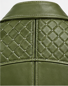 Women's Olive Green <b>Leather</b> Moto <b>Vest</b> With Zipper Closure - Product Image 4