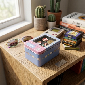 Boîte en fer blanc rectangulaire porte-bonheur avec fenêtre 108x73x62mm, motif chat bleu rose, pour cadeaux et rangement artisanal - Product Image 1